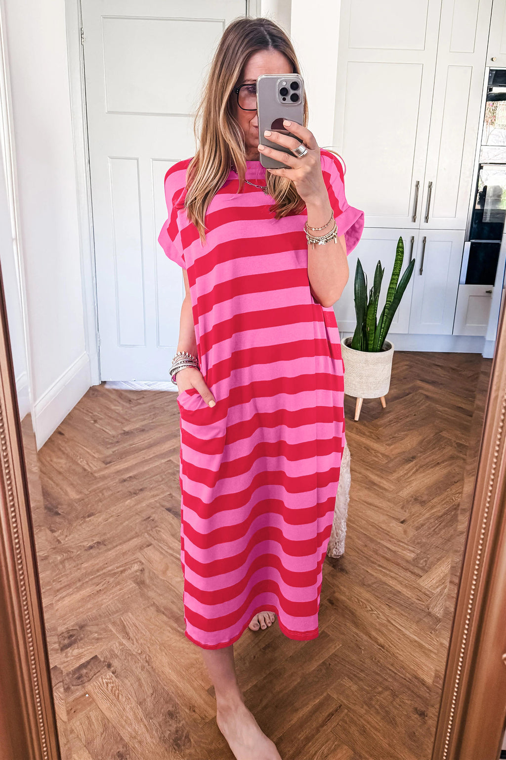 Orange Stripe Cuffed Short Sleeve Pocketed Casual T Shirt Long Dress