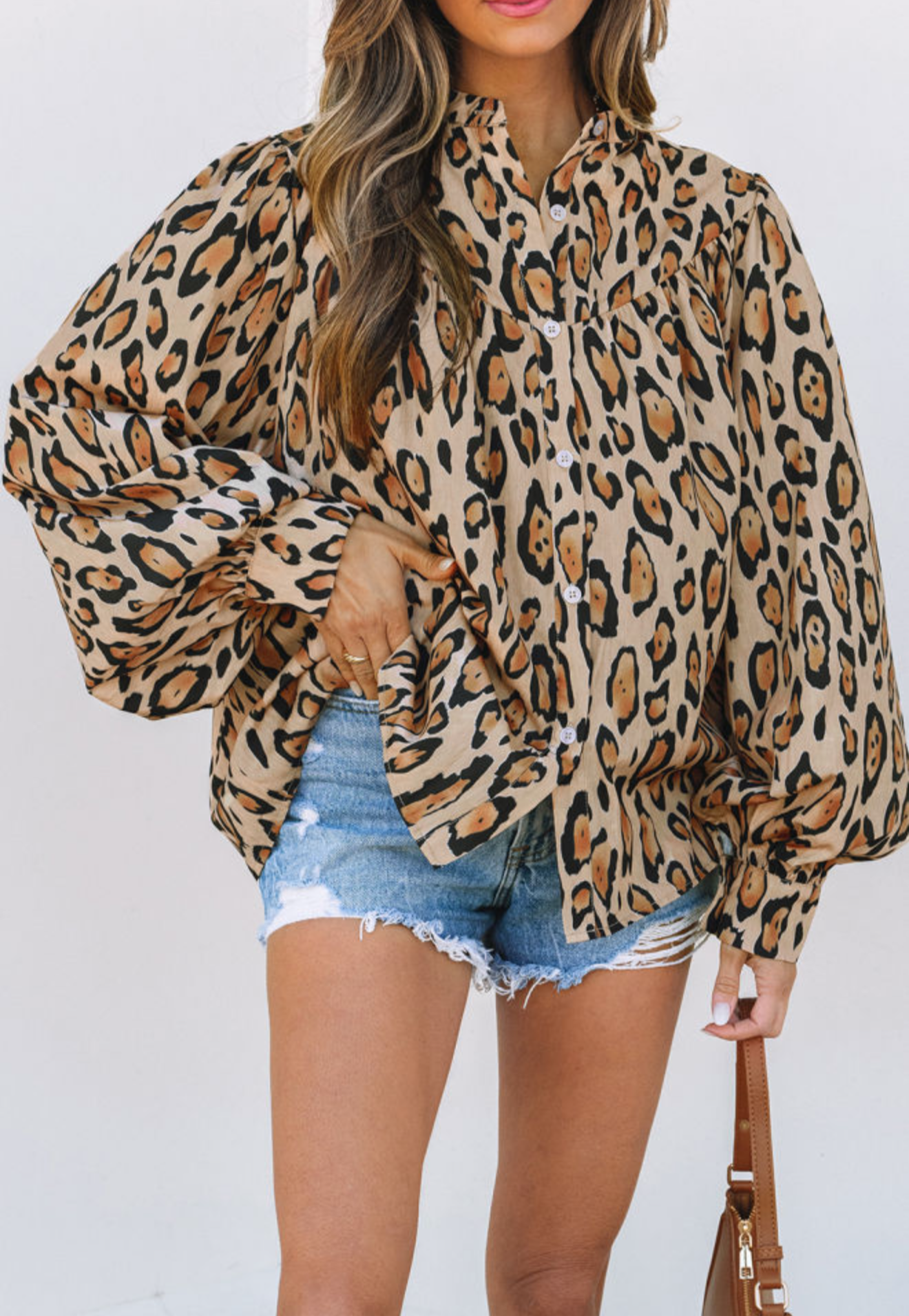 Oversized Leopard Print Balloon Sleeve Blouse