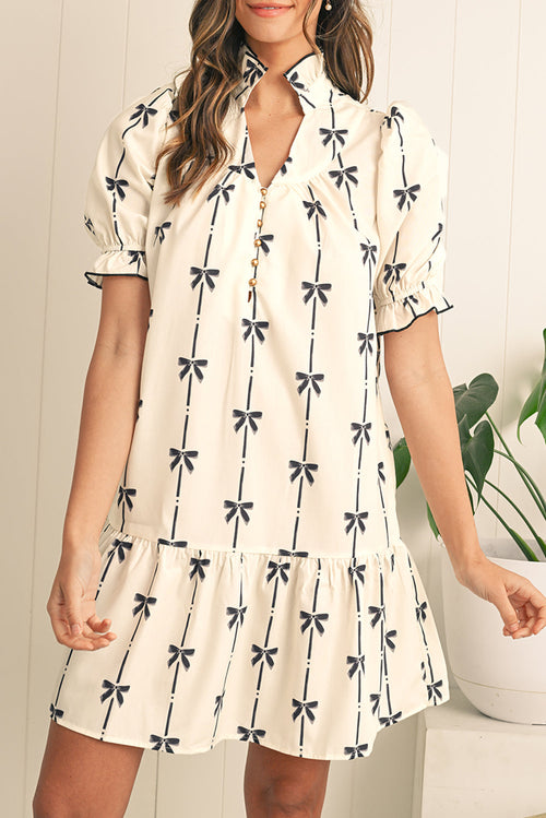 Bow Print Button Front Shirt Dress