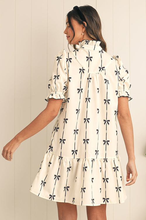 Bow Print Button Front Shirt Dress
